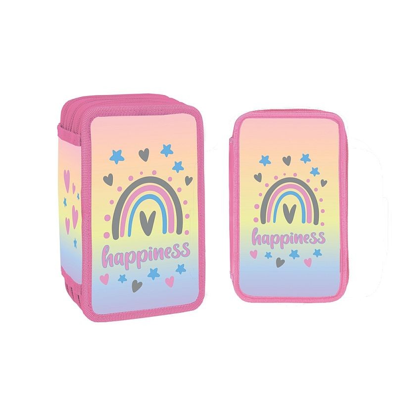 Penar scolar, 3 compartimente cu 3 fermoare, neechipat, model multicolor Happiness - imagine 4